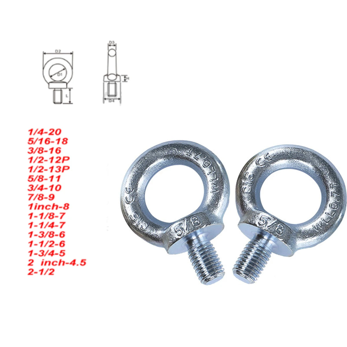 1/4 5/16 3/8 inch Steel hanging bolt eye bolt inch UNC BSW inch pitch steel eyebolt Lifting weight loading